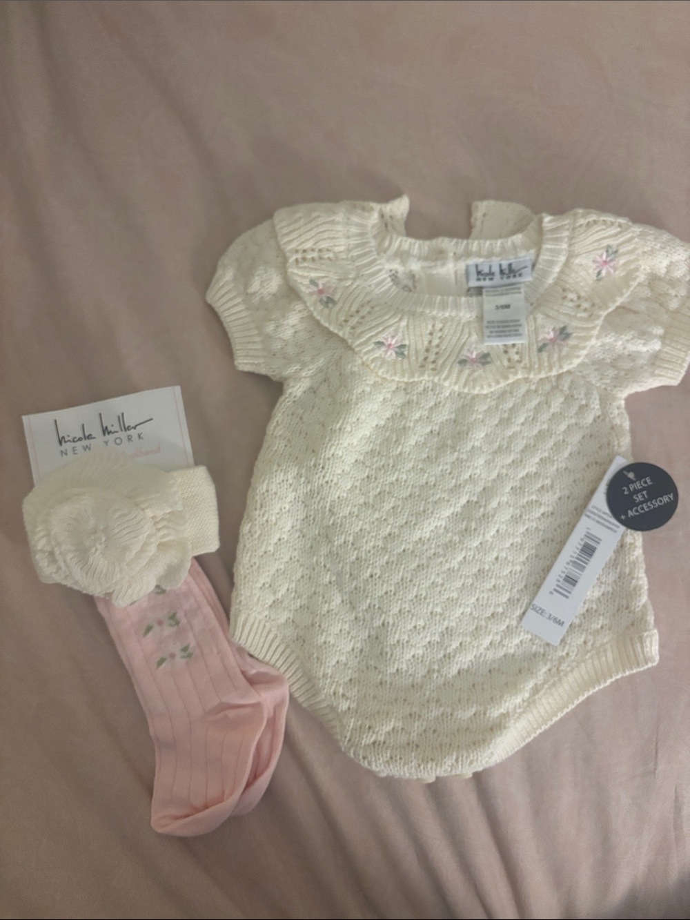 Nicole Miller Cream Knit Baby Romper with Pink Socks